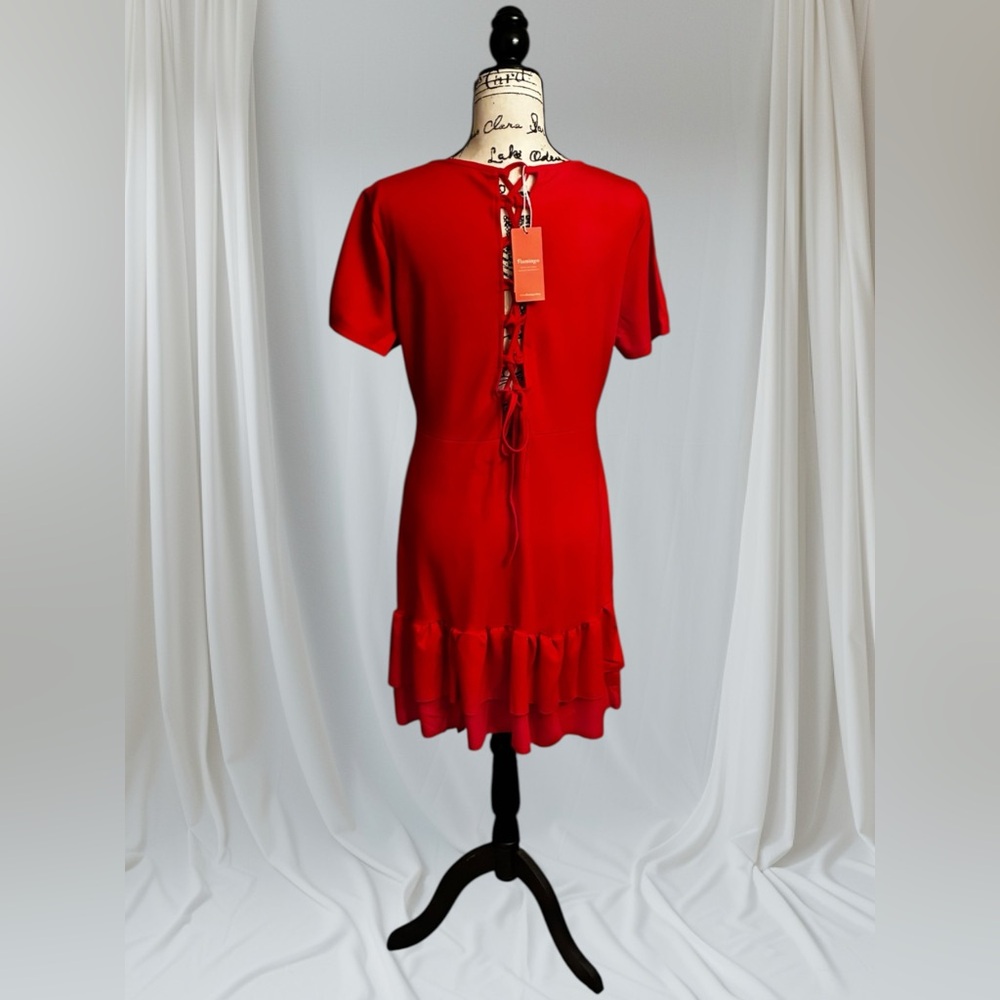 NWT Flamingo 🦩 Vibrant Red Lace Up Layered Ruffle Hem Short Mini Dress Size 2XL - Picture 4 of 13